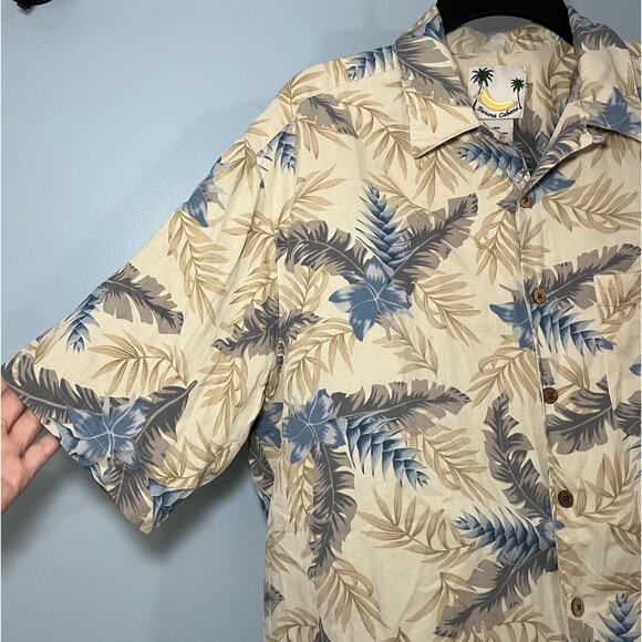 BANANA CABANA 100% Silk Hawaiian Men's Sz XL Tan Blue Floral Button Up Shirt - Picture 6 of 10